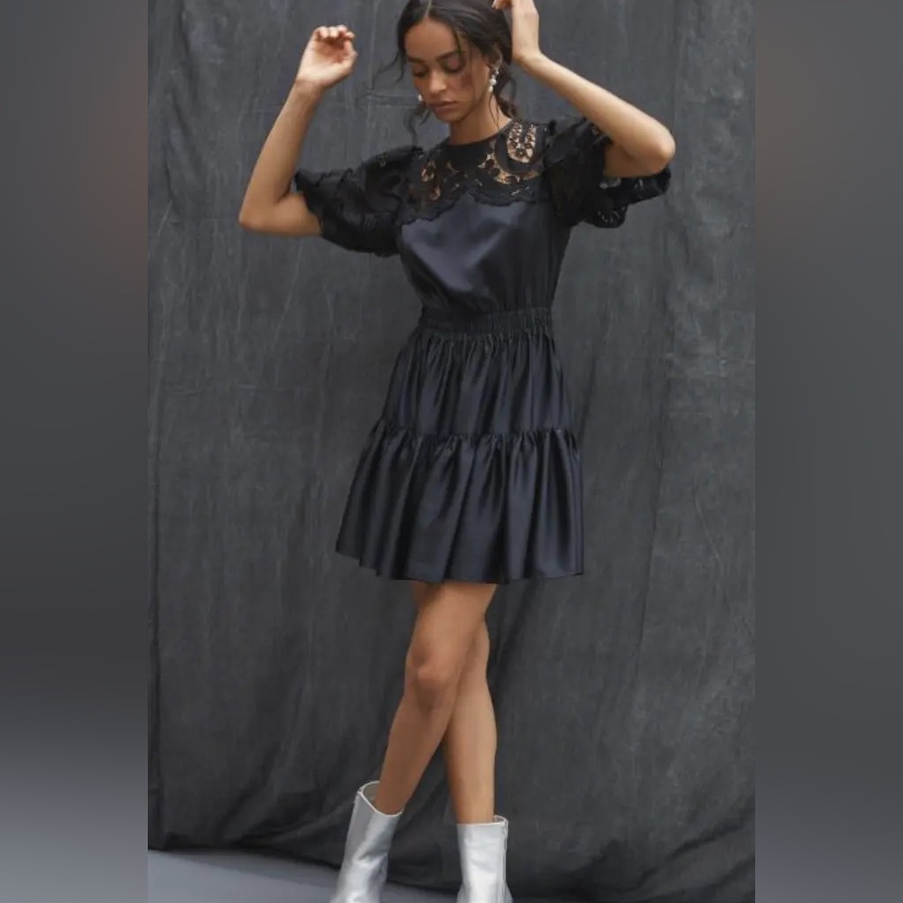 Delphi Collective Anthropologie Black Lace Sleeves Tiered Mini Dress